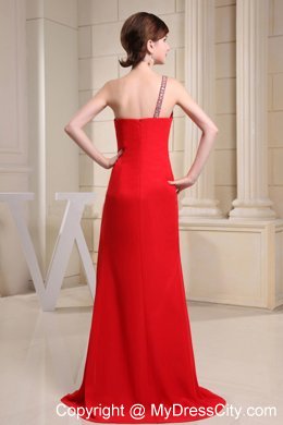 Red High Slit One Shoulder Prom Dress With Beading