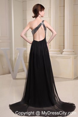 One Shoulder Black Prom Dress With Brush Train