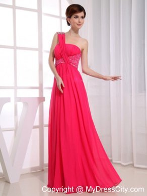 Single Shoulder Hot Pink Beaded Empire Prom Dress