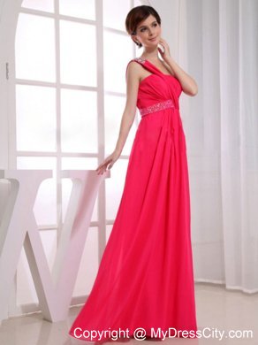 Single Shoulder Hot Pink Beaded Empire Prom Dress