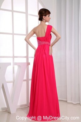 Single Shoulder Hot Pink Beaded Empire Prom Dress