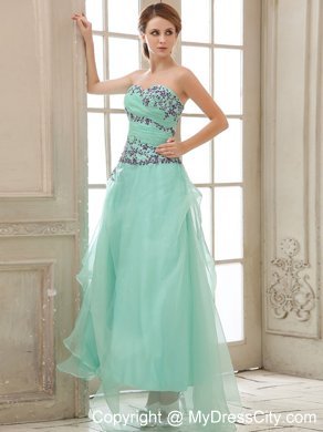 Green Ruched Ankle-length Prom Dress with Appliuqes