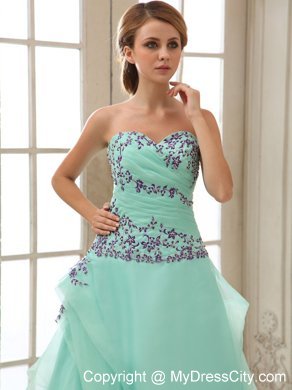 Green Ruched Ankle-length Prom Dress with Appliuqes