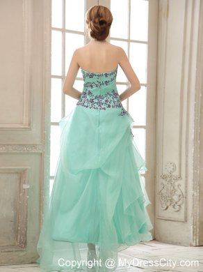 Green Ruched Ankle-length Prom Dress with Appliuqes