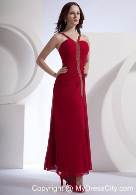 Red Beading Prom Dress Side Slit Ankle-length Wholesale