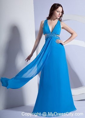 Sexy Blue Empire V-neck Long Prom Dress Beaded