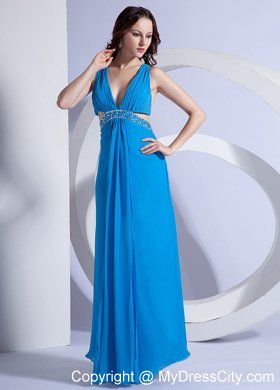 Sexy Blue Empire V-neck Long Prom Dress Beaded