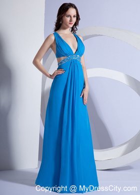 Sexy Blue Empire V-neck Long Prom Dress Beaded