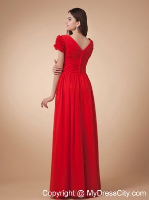 Long Red Chiffon Prom Dress V-neck with Short Sleeves