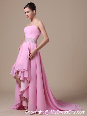 Baby Pink High-low Beaded Prom Evening Dress with Train