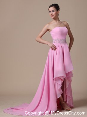 Baby Pink High-low Beaded Prom Evening Dress with Train