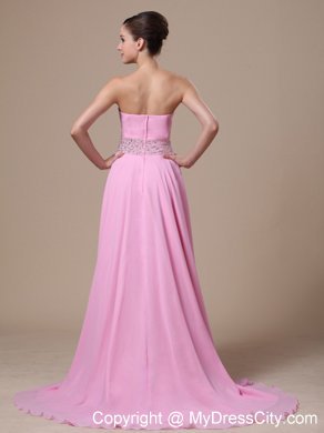 Baby Pink High-low Beaded Prom Evening Dress with Train