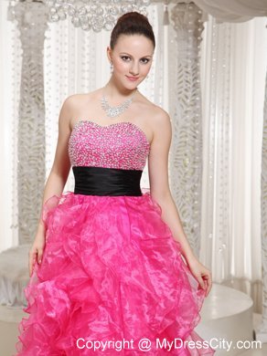 Hot Pink Beaded High-low Evening Dress with Black Belt