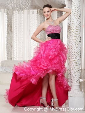 Hot Pink Beaded High-low Evening Dress with Black Belt