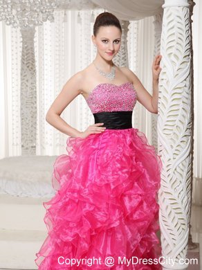 Hot Pink Beaded High-low Evening Dress with Black Belt