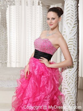 Hot Pink Beaded High-low Evening Dress with Black Belt