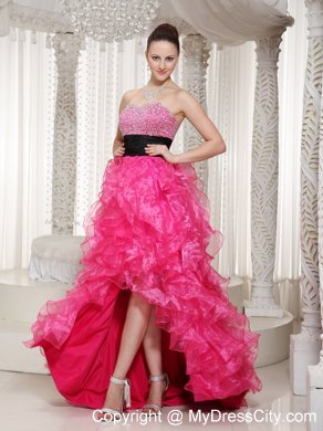 Hot Pink Beaded High-low Evening Dress with Black Belt