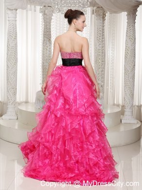 Hot Pink Beaded High-low Evening Dress with Black Belt