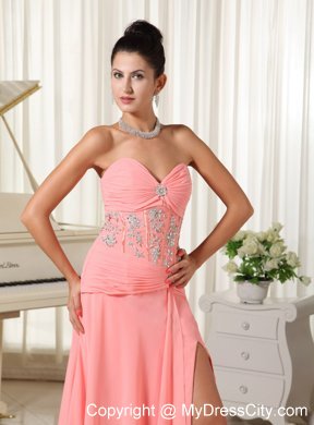 Peach Pink Slinky Sweetheart Prom Gown Dress with Slit