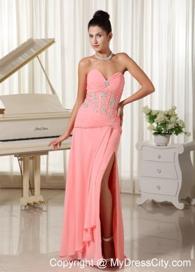 Peach Pink Slinky Sweetheart Prom Gown Dress with Slit