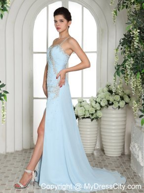 Light Blue Spaghetti Straps Beaded High Slit Prom Dress