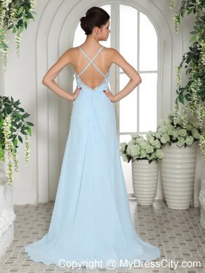 Light Blue Spaghetti Straps Beaded High Slit Prom Dress