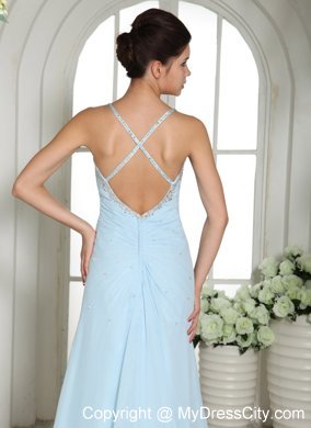 Light Blue Spaghetti Straps Beaded High Slit Prom Dress