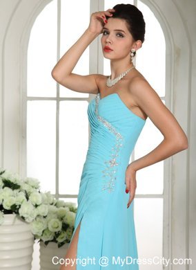 Blue Sweetheart Beaded Ruching 2013 Prom Dress High Slit