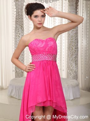 Cheap Hot Pink High-low Lace Beaded Prom Evening Dress