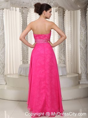 Cheap Hot Pink High-low Lace Beaded Prom Evening Dress