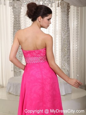 Cheap Hot Pink High-low Lace Beaded Prom Evening Dress