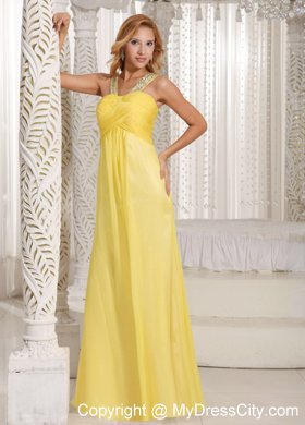 Light Yellow Beaded Straps Ruched Bodice Prom Dress