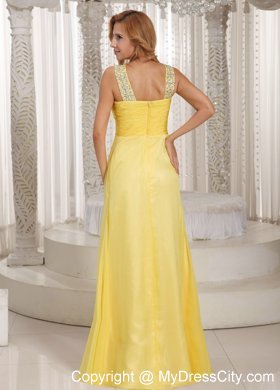 Light Yellow Beaded Straps Ruched Bodice Prom Dress