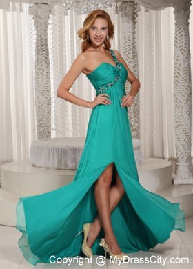 Turquoise One Shoulder Ruched Prom Dress with Side Slit