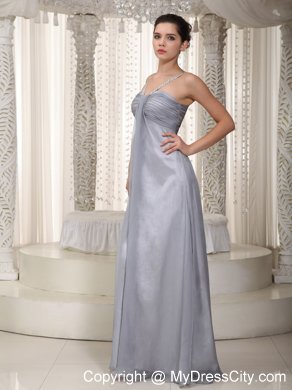 Gray Empire Straps Chiffon Beaded Prom Pageant Dress