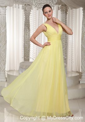 Light Yellow V-neck Chiffon Long Prom Dress 2013 Style