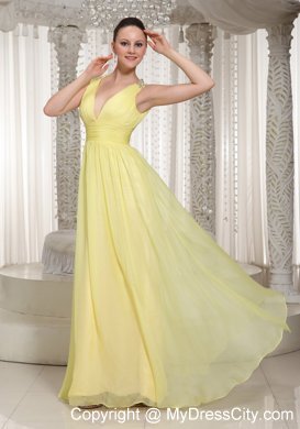 Light Yellow V-neck Chiffon Long Prom Dress 2013 Style