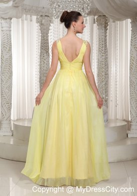 Light Yellow V-neck Chiffon Long Prom Dress 2013 Style