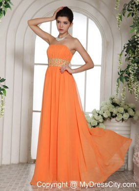 Orange Red Stylish Beaded Prom Dress With Strapless