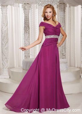 Fuchsia Off The Shoulder Ruched Prom Gown with Beading