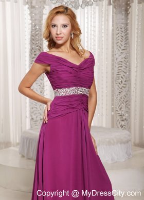 Fuchsia Off The Shoulder Ruched Prom Gown with Beading