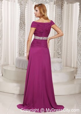 Fuchsia Off The Shoulder Ruched Prom Gown with Beading