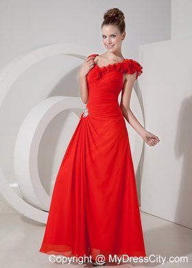 Red V-neck Chiffon Flower Evening Dress with Appliques