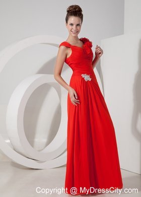 Red V-neck Chiffon Flower Evening Dress with Appliques