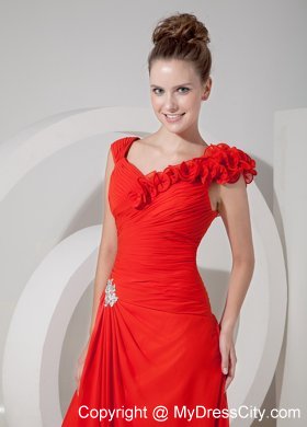 Red V-neck Chiffon Flower Evening Dress with Appliques