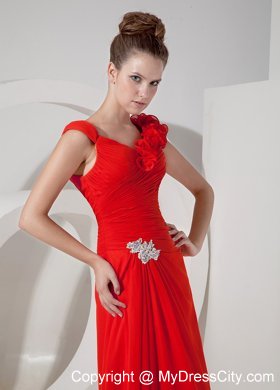 Red V-neck Chiffon Flower Evening Dress with Appliques