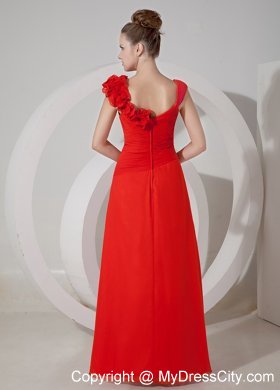 Red V-neck Chiffon Flower Evening Dress with Appliques