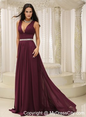 Burgundy V-neck Chiffon Prom Mother Dresses on Sale