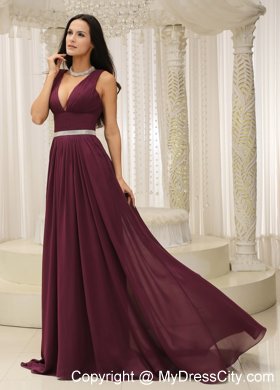 Burgundy V-neck Chiffon Prom Mother Dresses on Sale