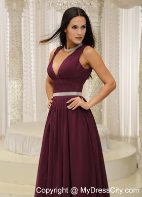 Burgundy V-neck Chiffon Prom Mother Dresses on Sale